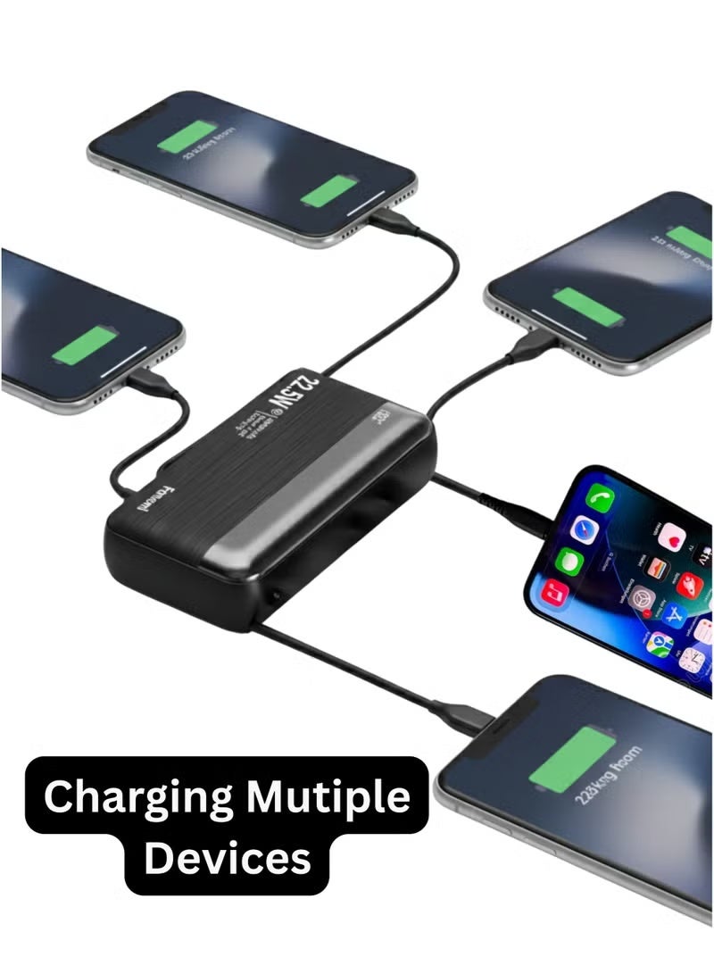 Fonemi 20000mAh Power Bank 22.5W Fast Charging with Built-in Type-C & Lightning Cables, Digital LED Display, Smart Protection Chip, Dual Input & Multi-Device Output, Lightweight Portable Power Bank – Black - Image 3